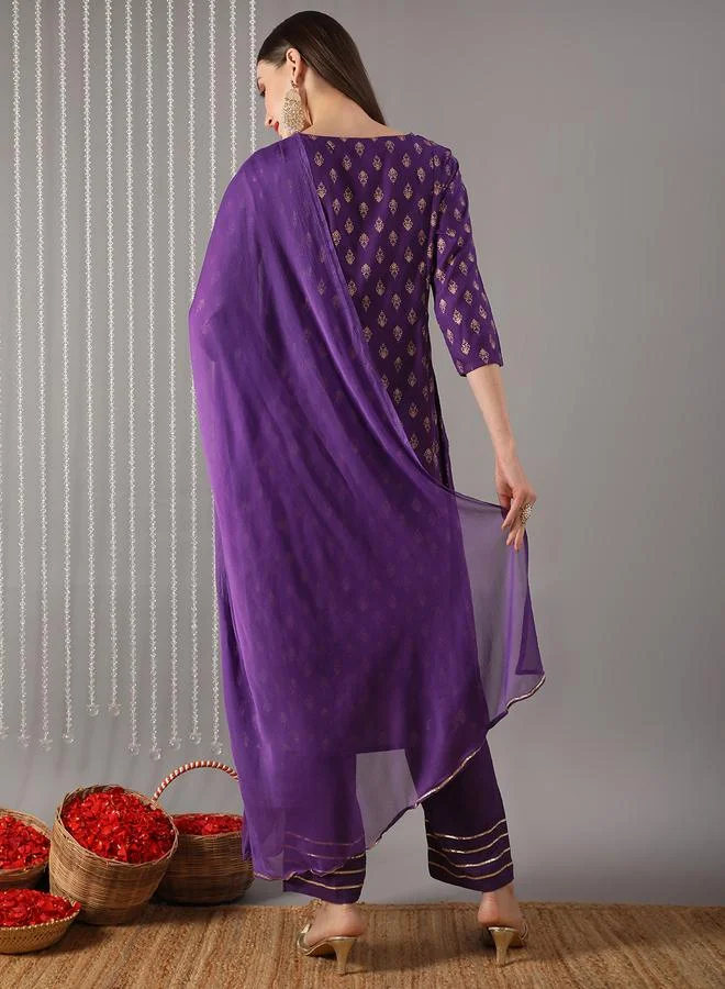 globus Women Purple A-Line Kurta with Pant and Dupatta Set